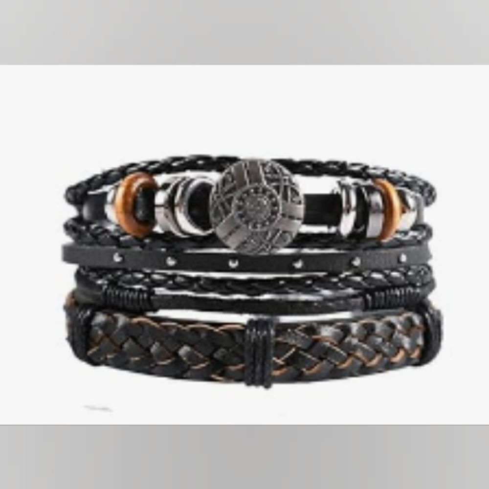 Men's leather bracelets set layered braided black‎ new e34